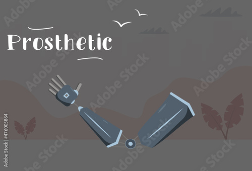 Prosthetic arm waves hello. Modern flat vector illustration.