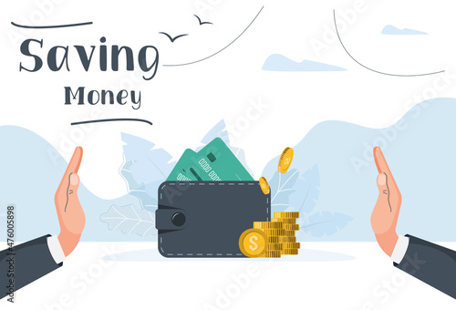Saving money. Hands save money. Vector illustration in modern style