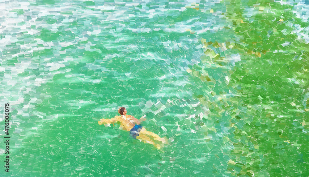 Person in swimsuit swimming. Abstract oil painting man floating in sea, resort pool or ocean. Simple male character in water, beach vacation. Contemporary art random paint strokes in colorful colors.