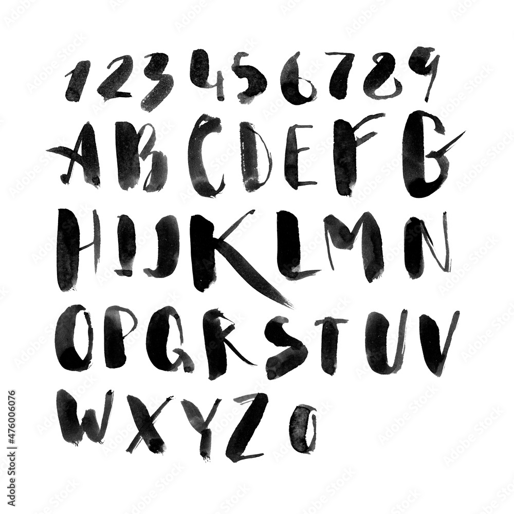 Calligraphy alphabet, letters and numbers, hand drawn style Calligraphy alphabet, letters and numbers, hand drawn style