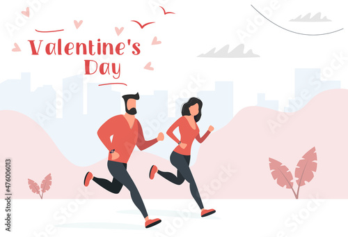 Young couple in love man and woman running together. Valentines day. Vector illustration