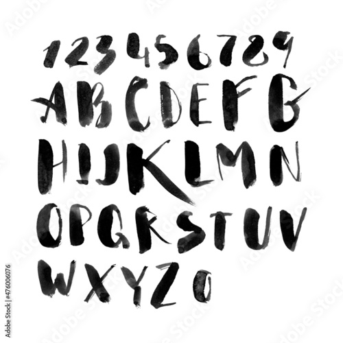 Calligraphy alphabet  letters and numbers  hand drawn style
