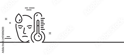 Sick man with fever line icon. Temperature thermometer sign. Flu illness symbol. Minimal line illustration background. Fever line icon pattern banner. White web template concept. Vector