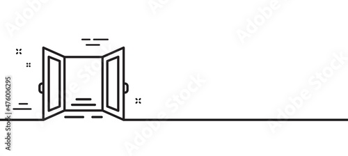 Open door line icon. Entrance doorway sign. Building exit symbol. Minimal line illustration background. Open door line icon pattern banner. White web template concept. Vector