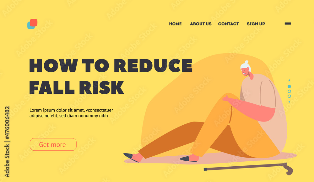 How to Reduce Fall Risk Landing Page Template. Senior Woman Sitting on Floor with Cane, Aged Female Character Fall Down How to Reduce Fall Risk Landing Page Template. Senior Woman Sitting on Floor with Cane, Aged Female Character Fall Down