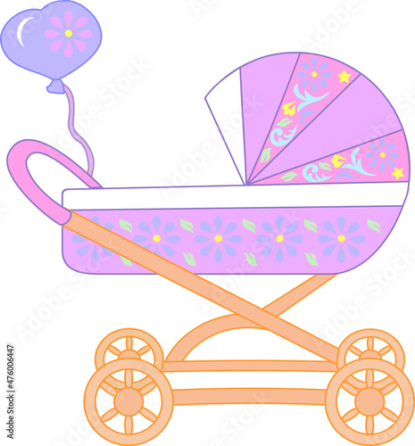 Baby pink stroller, vector drawing of a vehicle for a child, illustration of a stroller with flowers, green leaves, baby toy, stroller