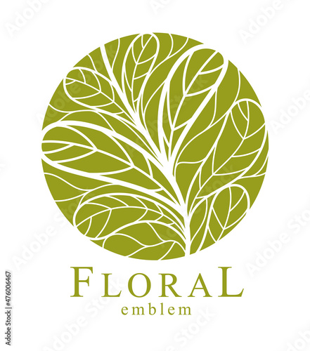 Stylish vector floral monogram isolated, graphic design leaves logo or emblem in a shape of circle, template for boutique or hotel or salon logo, classical style linear element.