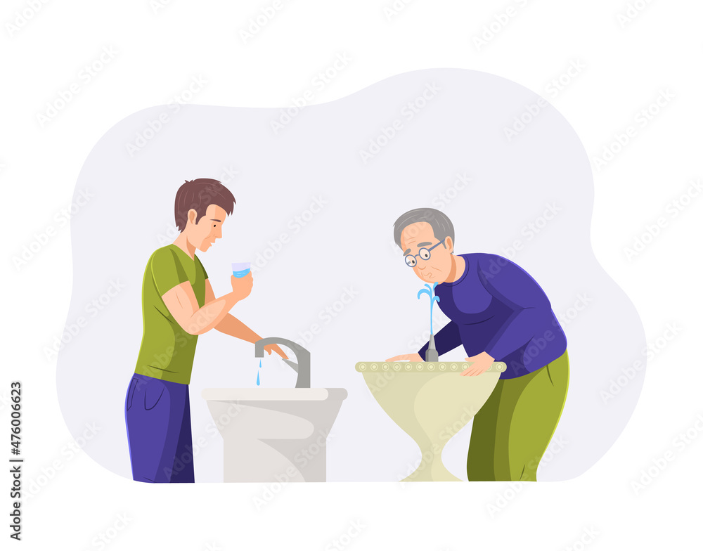Set people different ages drinking water. Elderly, man, woman quench thirst with refreshing pure beverage. Person drink aqua from office cooler, public fountain, home plumbing, sink Set people different ages drinking water. Elderly, man, woman quench thirst with refreshing pure beverage. Person drink aqua from office cooler, public fountain, home plumbing, sink