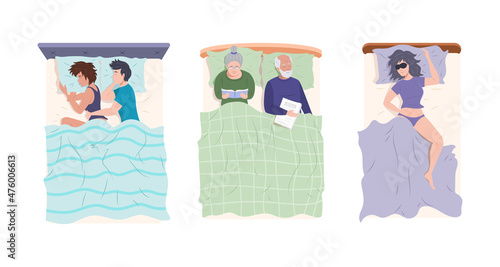 People sleeping on bed and lying on towel sunbathing top view set. Man, woman, couple and elderly relaxing enjoying night nap.