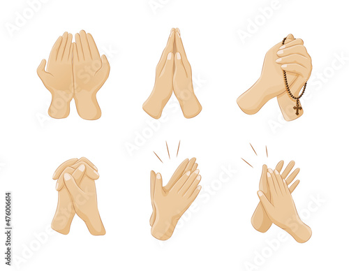 Human hands positions set. Person arms praying hopeful with beads God faith believe, applause