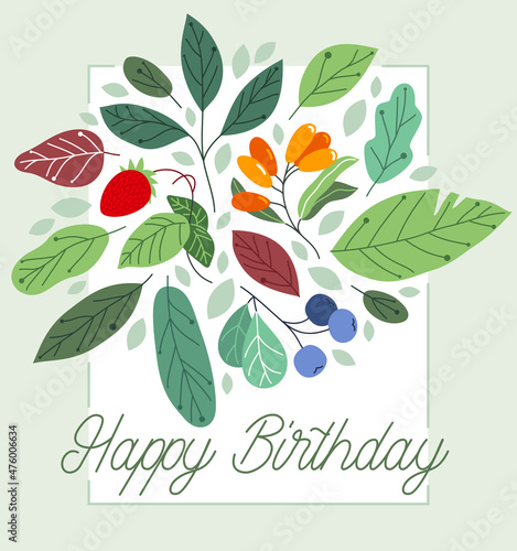 Greeting card with ripe wild berries and fresh green leaves vector flat drawing, floral design composition diet natural food mockup, invitation or anniversary theme, congratulations.
