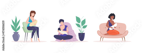 Diverse woman breastfeeding infant baby set. Happy mother holding toddlers arms breast milk feeding