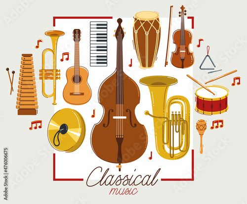 Classical music instruments poster vector flat style illustration, classic orchestra acoustic flyer or banner, concert or festival live sound, diversity of musical tools.
