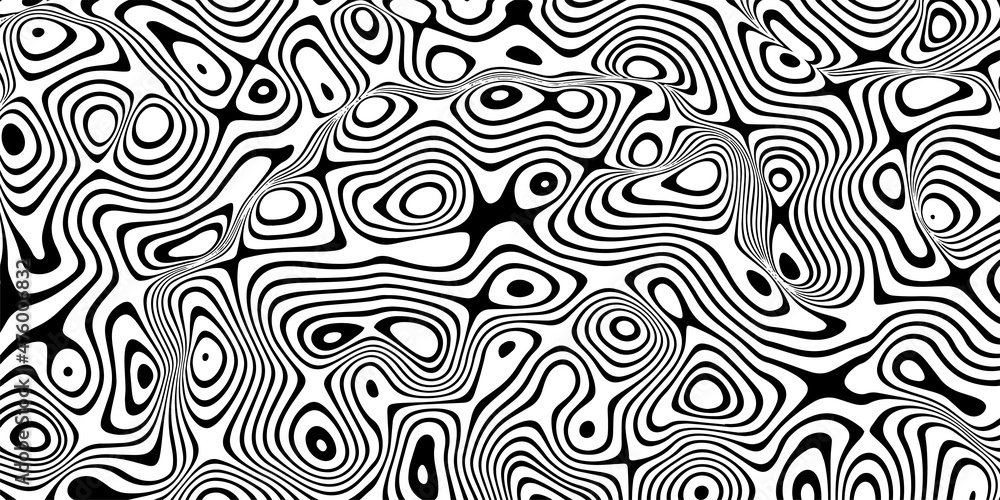 Abstract optical illusion wave. A stream of black and white stripes forming a wavy distortion effect. Vector Illustration.
