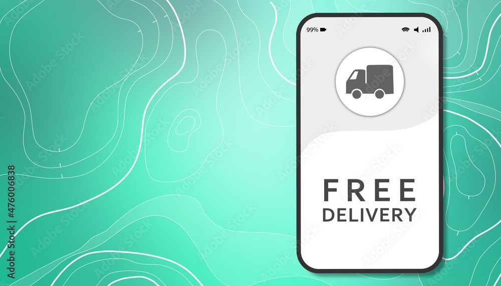 Free delivery. Tracking delivery in the mobile app. Place for advertising next to smartphone. Online shopping with free shipping. Courier and logistics services. 3d image Free delivery. Tracking delivery in the mobile app. Place for advertising next to smartphone. Online shopping with free shipping. Courier and logistics services. 3d image