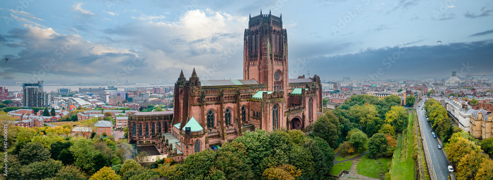 Aerial panorama of Liverpool Anglican cathedral historical North West England landmark. Cathedral Church of the Risen Christ inLiverpool - obrazy, fototapety, plakaty 