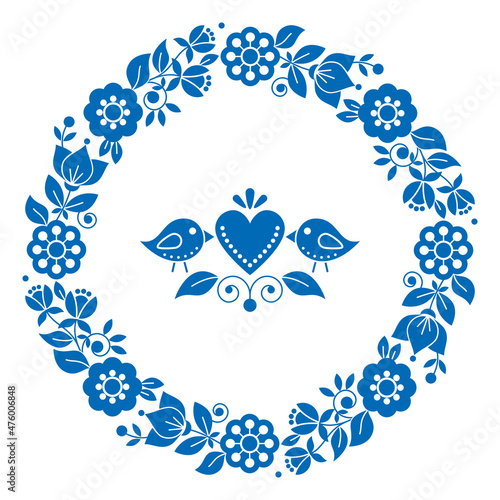 Scandinavian, Nordic folk art vector Valentine's Day greeting card or wedding invitation design, Swedish pattern with floral wreath, birds and heart in blue
