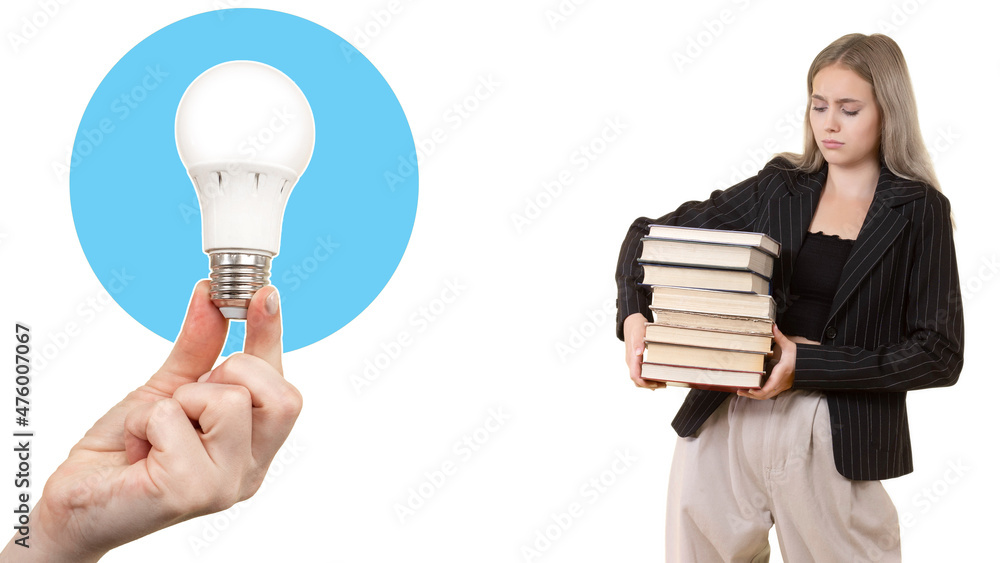 Study of electrical engineering. A woman with a stack of books. LED lamp in a human hand. Light bulb in blue circle. Search for an idea. A student with textbooks is isolated on a white background. Study of electrical engineering. A woman with a stack of books. LED lamp in a human hand. Light bulb in blue circle. Search for an idea. A student with textbooks is isolated on a white background.