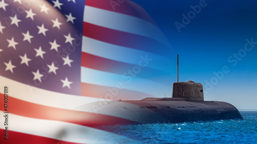 American armed forces. US submarine. Defensive and offensive weapons. The American Navy. Nuclear submarine. The Army of the United States of America. An underwater vessel and a flag.
