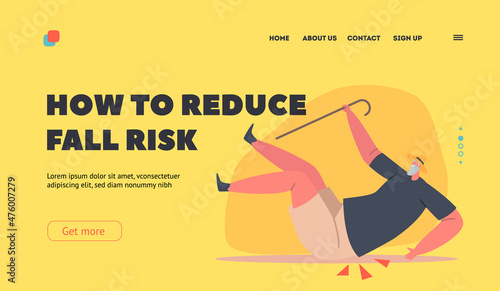 Careless Senior Man Fall with Cane Landing Page Template. Old Male Character Falling Down on the Ground due Stumble