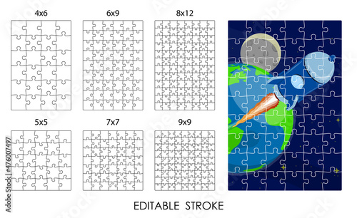 template of square puzzle pieces of different difficulty levels for overlaying image. Editable stroke weight. Children educational games. Black and white vector