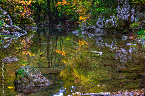 Fototapeta Naklejka Na Ścianę i Meble -  calm lake with reflection and colorful leaves during autumn.