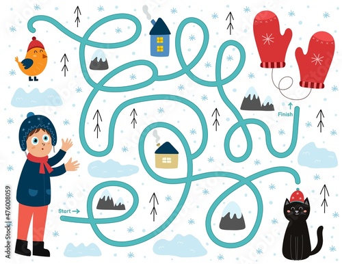 Help the boy find mittens. Winter maze game for kids. Preschool activity page. Find the way to red mittens puzzle. Us letter format. Vector illustration