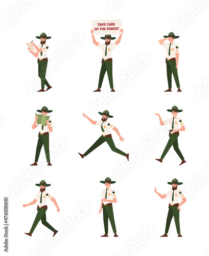 Park rangers. National wood protection persons adventure scouters camping job veterinary guards foresters garish vector illustrations of rangers