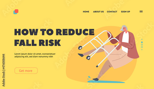 Old Woman Clumsiness, Injury Landing Page Template. Senior Female Character with Walking Frame Slip on Wet Floor
