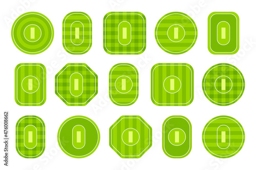 Cricket stadium top view. Different types of cricket ground fields with pitch. Green sport courts. Vector flat icon set. Isolated objects