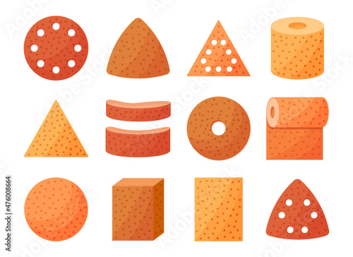 Sandpaper sheets, discs, rolls, triangles. Vector illustration of sanding abrasive paper. Flat icon set of glasspapers with grit texture. Isolated objects
