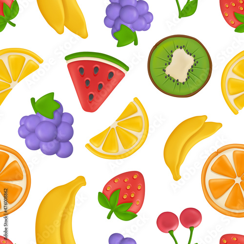 Fruits pattern. Plasticine stylized products orange strawberry cherry eating healthy fruits decent vector seamless backgraund for textile project design