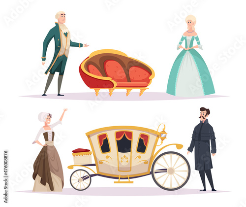 18th century people. Aristocrat characters old style buildings and clothes fashioned costumes victorian dress historical architectural objects exact vector cartoon illustrations