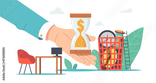 Wasting Time and Money, Procrastination Postponing Work Concept. Huge Businessman Hand Holding Hourglass with Sand