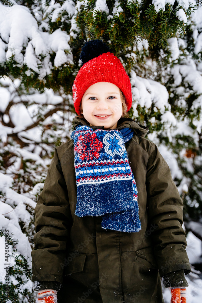 A great walk a winter forest has succeeded. Close up portrait of cute boy in wooly red hat, bright scarf and gloves over snowy winter tree. Smiling child in snow-capped fir tree.