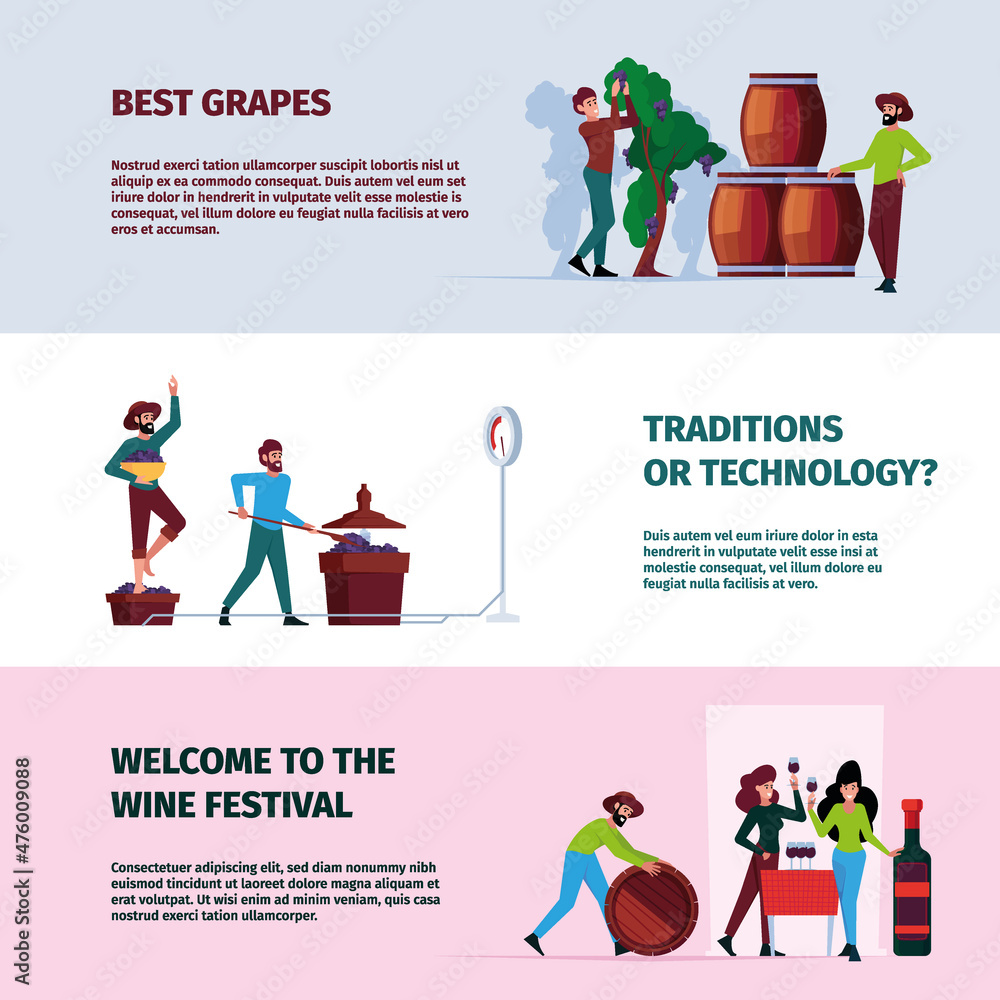 Winery banners. Rural industrial wine production processes growing delicious natural grape for preparing alcoholic drinks garish vector design templates with place for text Winery banners. Rural industrial wine production processes growing delicious natural grape for preparing alcoholic drinks garish vector design templates with place for text