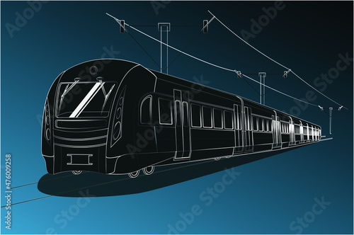 Modern scetch of rapid train, Stock vector design. EPS 10. graphic  illustration of electric transport , in black and white colours,can be used as poster, background, title picture