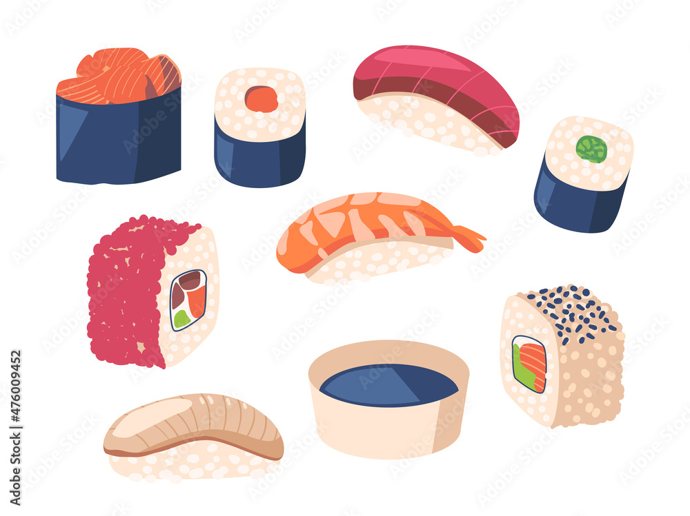 Set Japan Food, Japanese Cuisine Sushi and Rolls with Fish, Caviar, Soy Sauce and Seaweeds. Seafood Gunkanmaki Ikura Set Japan Food, Japanese Cuisine Sushi and Rolls with Fish, Caviar, Soy Sauce and Seaweeds. Seafood Gunkanmaki Ikura