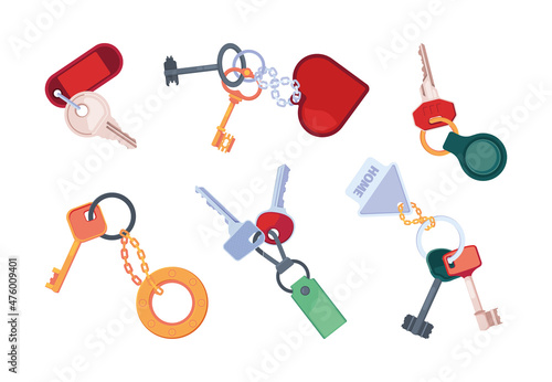 Keychain for keys. Property protection lock with colored keychains of different forms garish vector flat pictures collection set