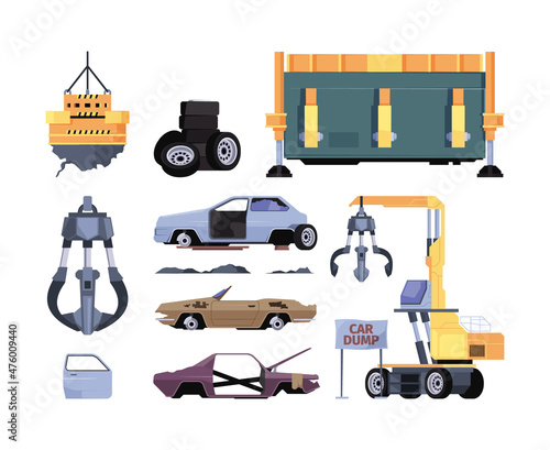 Dump yard. Urban steel garbage recycling places outdoor damaged transport automobiles busses trash vehicles garish vector set
