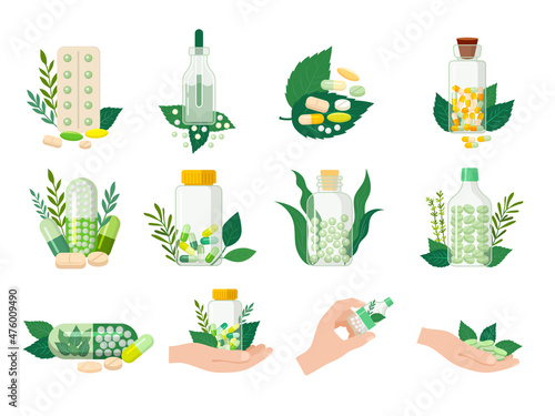 Organic pills. Natural healthy homeopathic food drugs from doctor recipes treatment products recent vector flat pictures collection