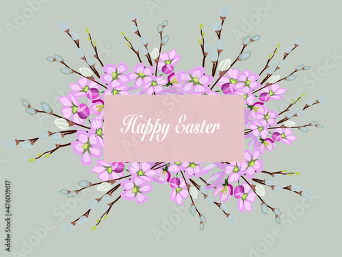 Happy Easter greeting card. Branches of flowering fluffy willow, pussy willow. Vintage muted tone, copy space. Place for your text.