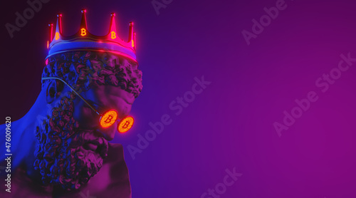 Hercules gipsum head in bitcoin glasses on a neon bakground. 3d image. photo