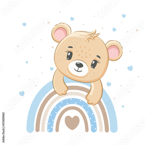 Cute teddy bear on a rainbow. Vector illustration of a cartoon.