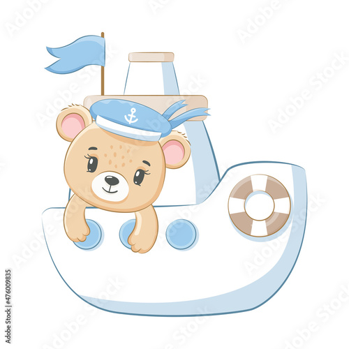Cute teddy bear on the ship. Vector illustration of a cartoon.
