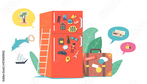 Magnet Souvenirs on Refrigerator Door and Suitcase with Stickers and Labels after Visiting Different Countries, Memory