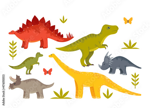 Fototapeta Naklejka Na Ścianę i Meble -  Cute Baby Dinosaurs, Dragons and Funny Dino Characters Set. Isolated Fantasy Colorful Prehistoric Happy Wild Animals