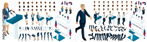 Create your isometric character. 3d woman and man, presidential candidate for the required, election, vote. Candidates is against everyone. A large set of emotions