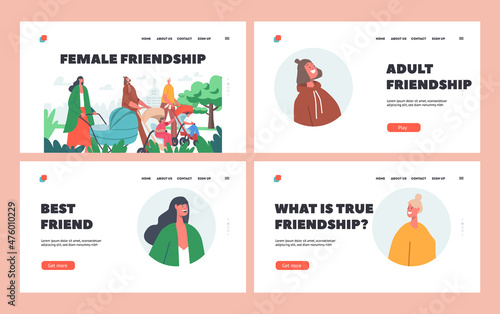 Women Friendship Landing Page Template Set. Female Characters with Babies in Prams, Girls Walk With Children, Motherhood