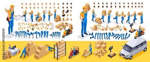Isometric Create your character, courier, girl and guy from the delivery service. Set of gestures of hands, feet, emotions of the character, a set of different hairstyles. Set 2